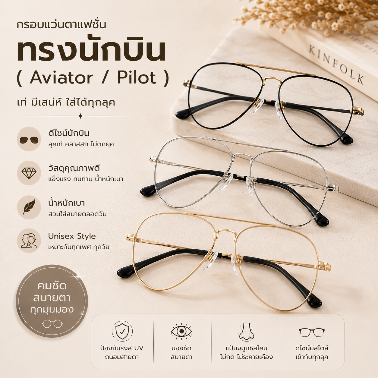 กรอบแว่นตาแฟชั่น ทรงนักบิน (Aviator / Pilot)