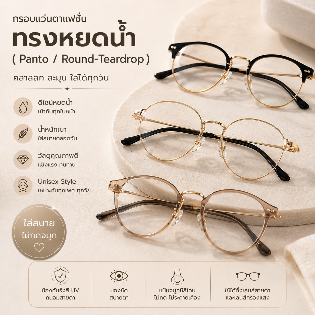 กรอบแว่นตาแฟชั่น ทรงหยดน้ำ (Panto / Round-Teardrop)
